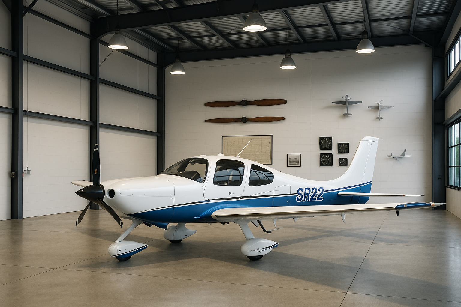 A modern aircraft hanger with a Cirrus SR-22 in and and decorated with aviation related items on the wall. Don't make it look too cluttered